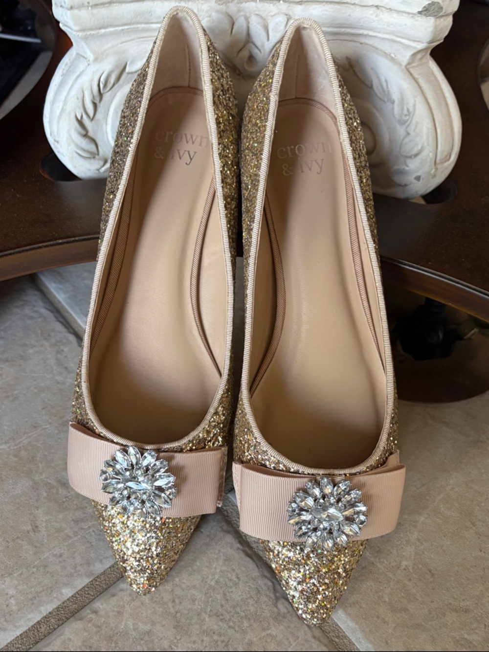crown & ivy Gold Glitter Pointed Flats with Blush Bow and Crystal Brooch